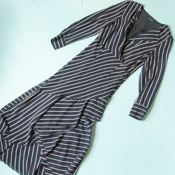 Rachel Roy Collection Navy Blue White Striped Long Sleeve Midi Length Dress Sz 6 - Picture 2 of 11